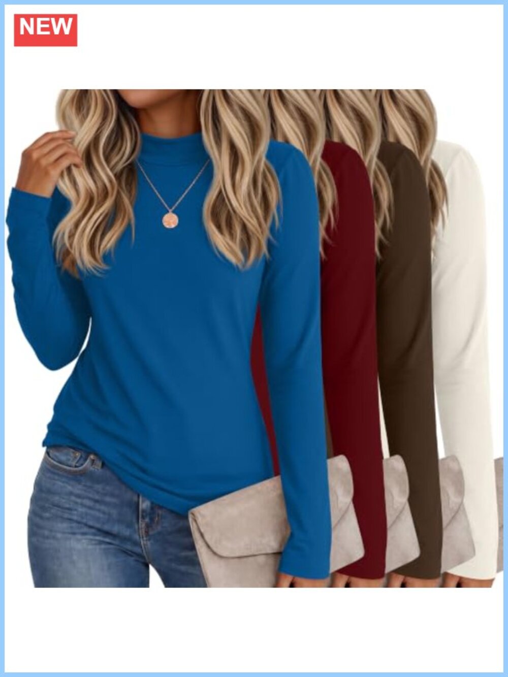 4 Pack Women's Cotton Mock Turtleneck Long Sleeve Tops